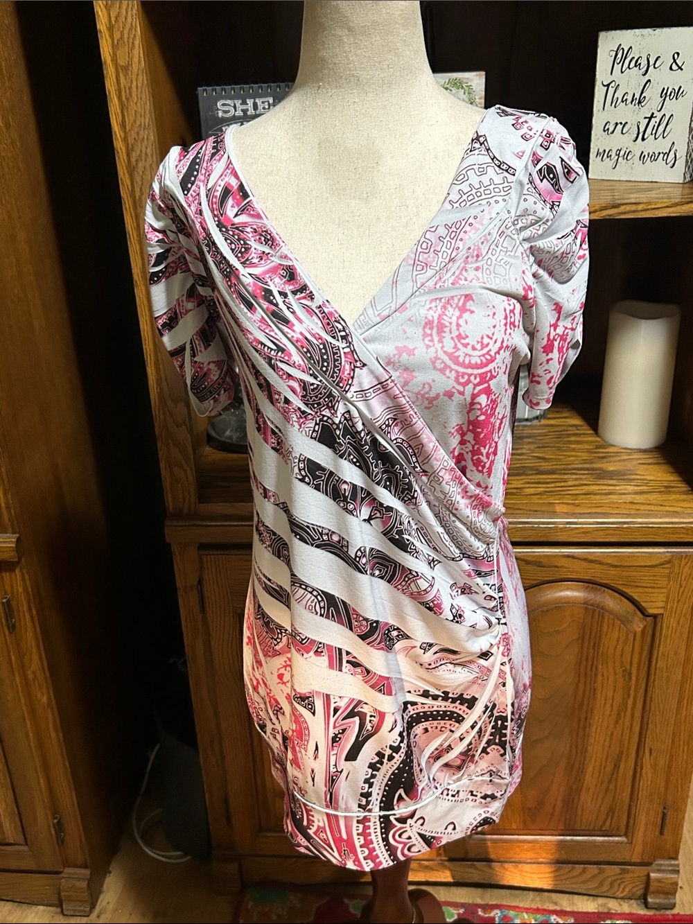Vanity Pink and Black Printed Wrap-Front Short Sleeve Top Large